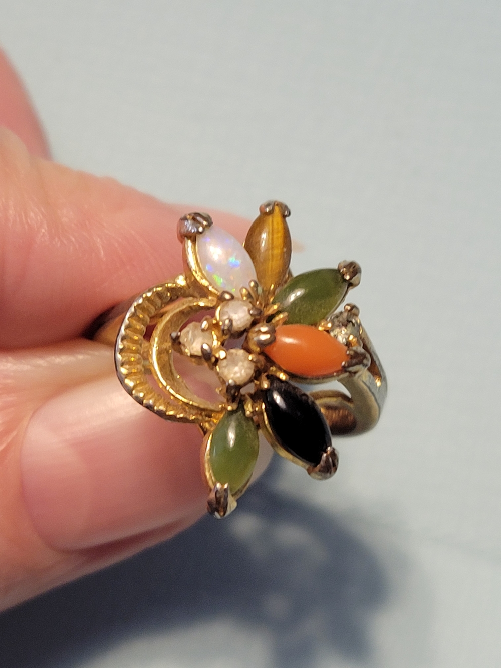 Multi-Stone Floral Cocktail Ring in Green, Orange, Black, Opal and Gold Tones